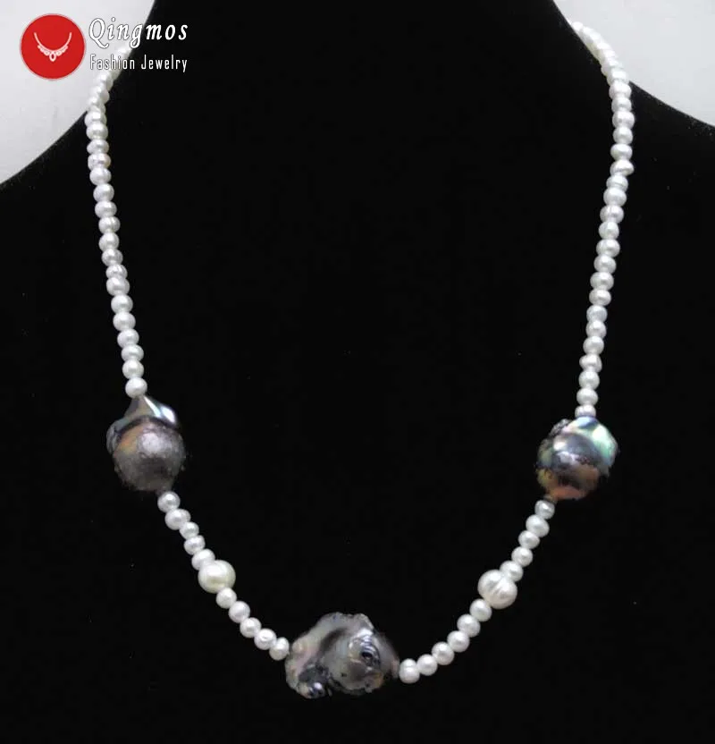 

Qingmos 14mm Baroque Natural Black Pearl Pendant Necklace for Women with 5mm Natural White Pearl Pearl Necklace Chokers Jewelry