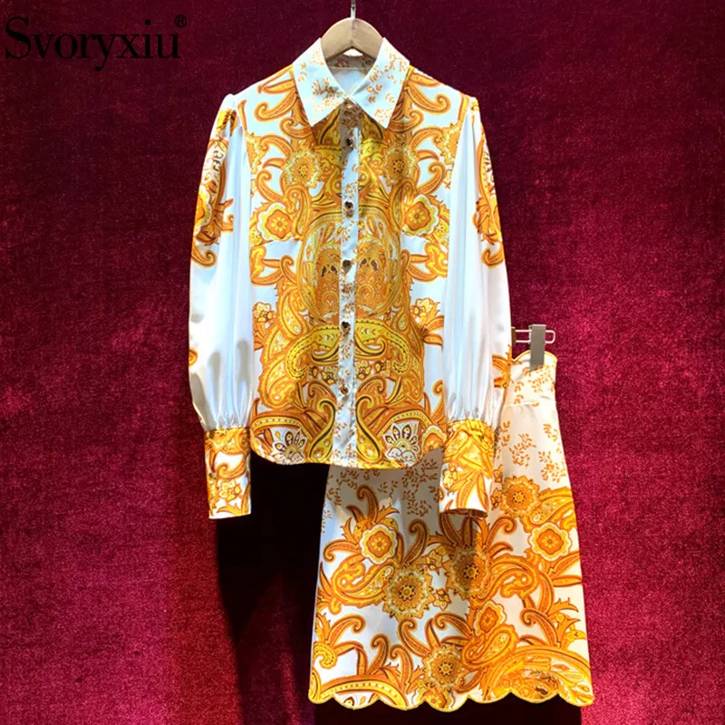 

Svoryxiu Runway Autumn Vintage Gold Printed Skirt Suit Women's Lantern Sleeve Blouse + High Waist Skirt Fashion Two Piece Set