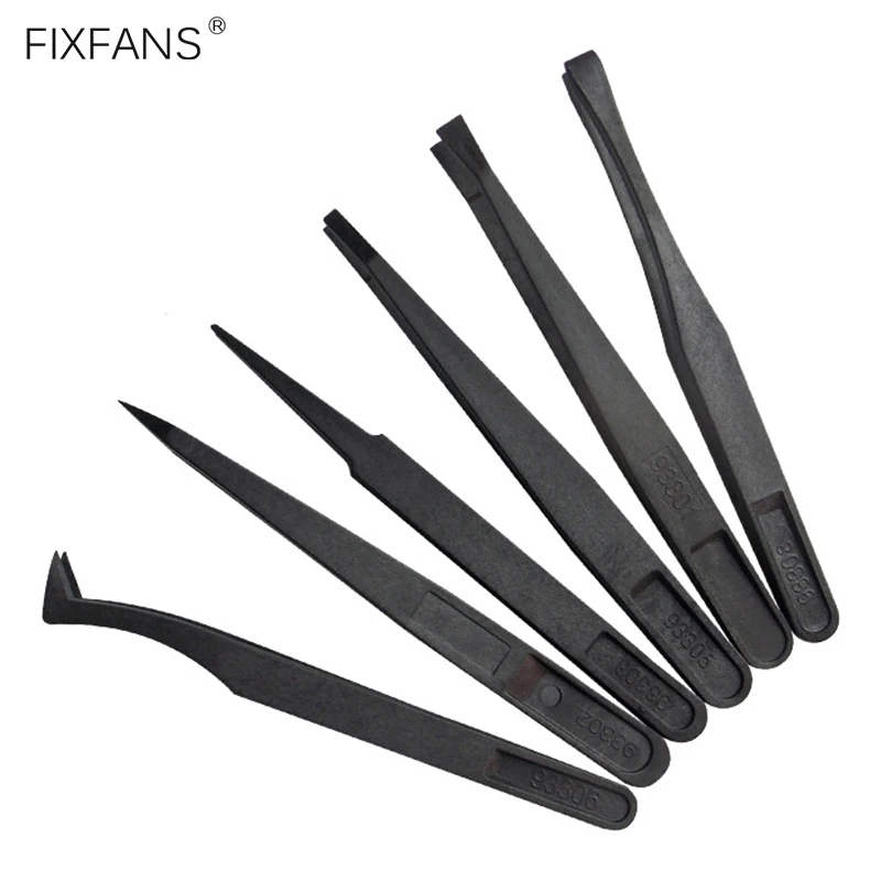 

FIXFANS 6Pcs Black Precision Plastic Tweezers Kit Anti static Tweezers Set Pickup Clamp for Craft Electronics DIY Repair Tool