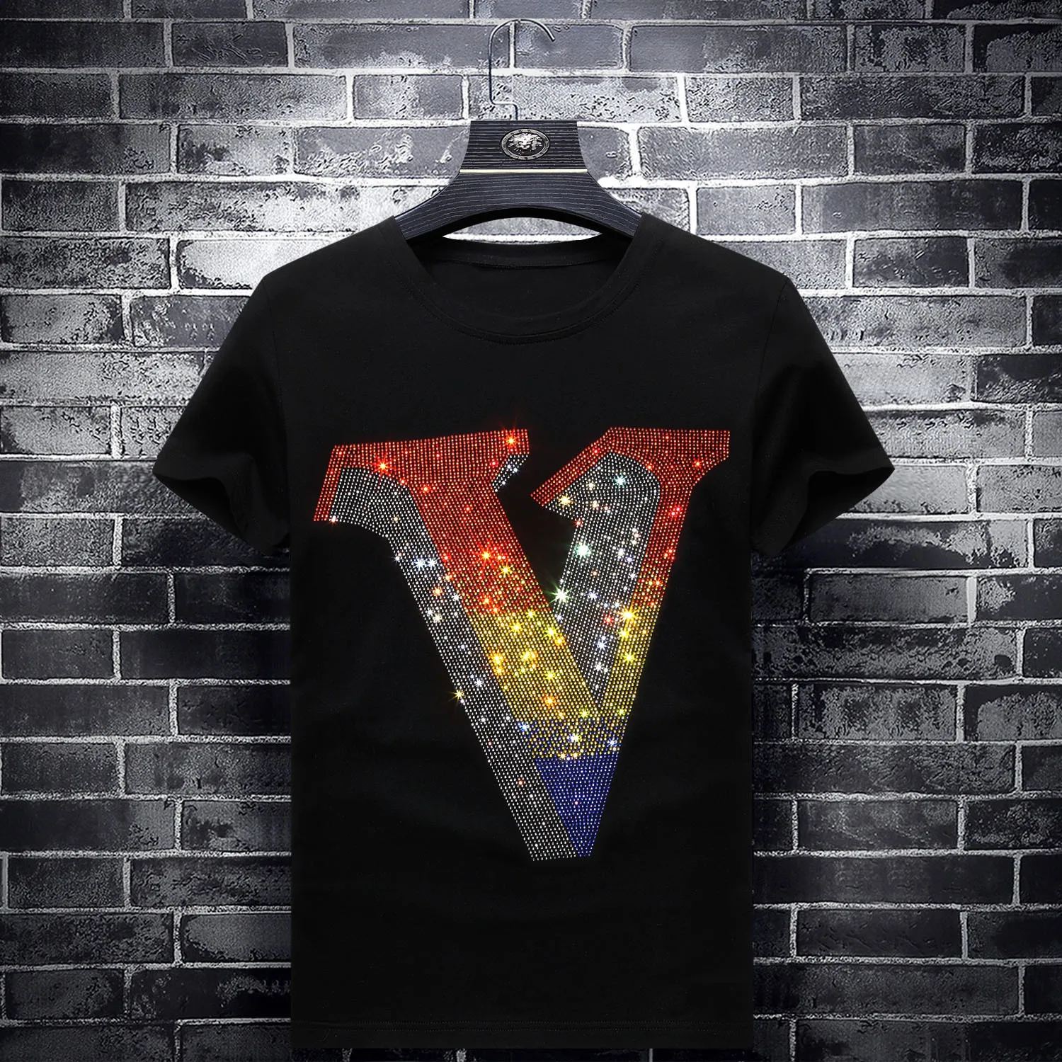

2019 Colorful Rhinestones Letter T Shirts Men Fashion Slim Clothing Streetwear O Neck Short Sleeve Modal Cotton Camisetas Hombre