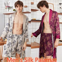SAMWESTART Men's Stain Silk Pajamas Robe Sets Long Sleeve Short Pants Nightwear Gray Wine Red Loungewear Home Leisure Nightgrown SAMWESTART Men's Stain Silk Pajamas Robe Sets Long Sleeve Short Pants Nightwear Gray Wine Red Loungewear Home Leisure Nightgrown