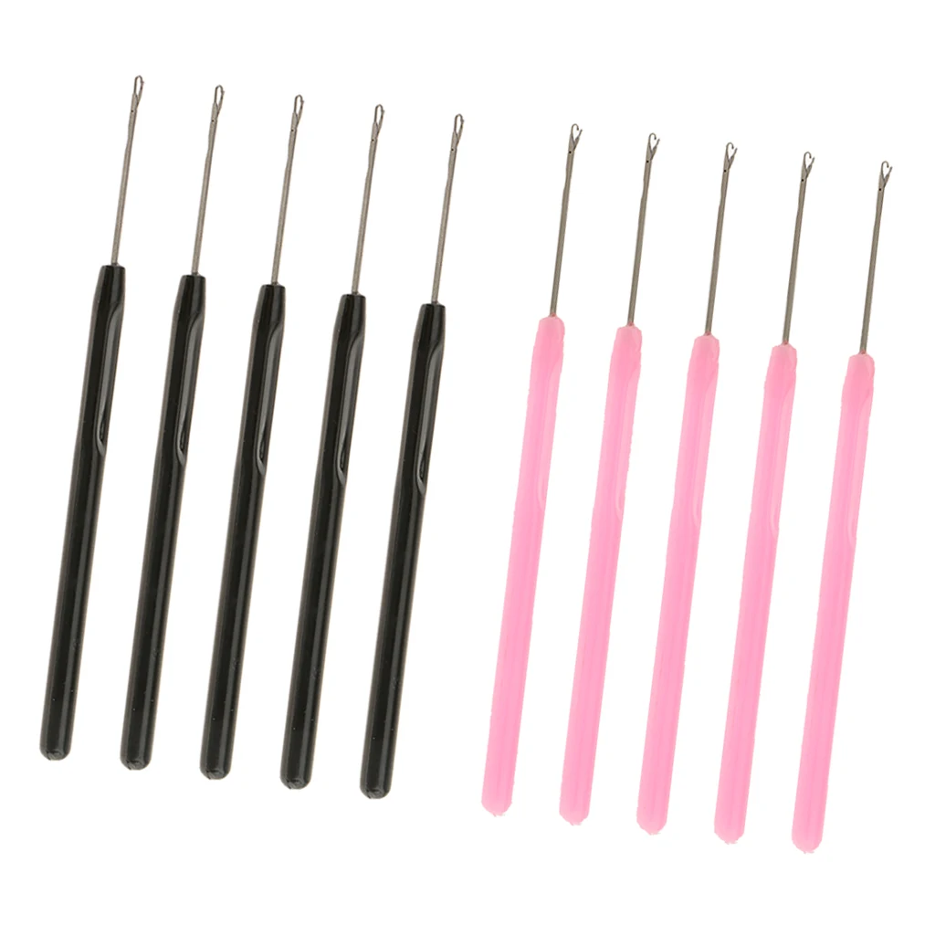10Pcs/set Hair Extension Pulling Hook,Microlink Bead Tool Kits for Nano Rings Beads Loops, Pink + Black