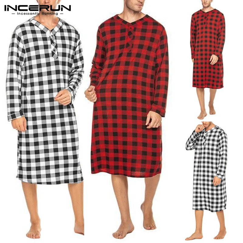 2022 Men Sleep Robes Long Sleeve V Neck Plaid Nightgowns Man Button Loose Breathable Sleepwear Causal Long Bathrobes Plus Size 7 pajama pants