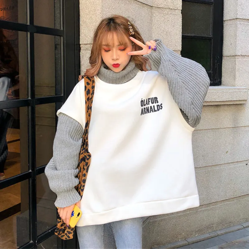 Корейская толстовка с надписью и бархатом BF Ins Harajuku винтажная Женская шикарная имитация двух частей модная Свободная Повседневная Женская толстовка