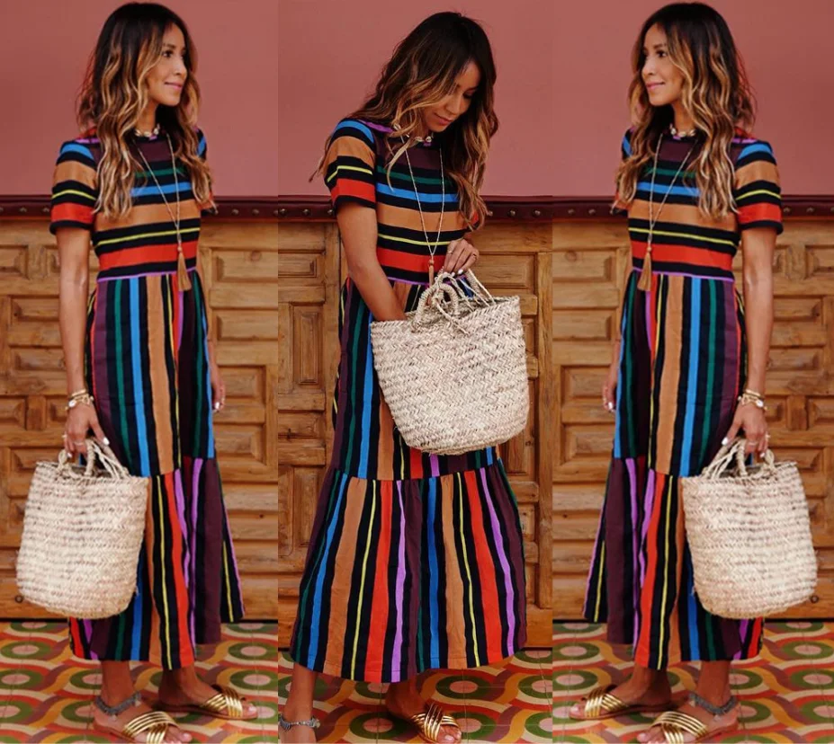 

Summer Clothe For Women 2020 Sexy O Neck Rainbow Print Boho Beach Dress Ruffle Short Sleeve A Line Long Dress Wrap Sundress Robe