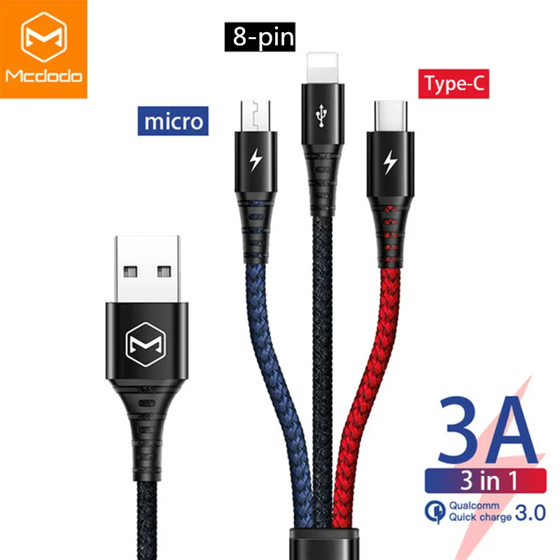 Mcdodo 3 в 1 USB кабель для мобильного телефона Micro usb type C кабель зарядного устройства для iPhone samsung зарядный кабель Micro USB шнур зарядного устройства