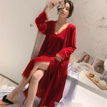 Золотая Бархатная ночная рубашка из двух частей, Сексуальная кружевная ночная рубашка принцессы с подтяжками, Дамская длинная бархатная ночная рубашка, ночная рубашка для отдыха, Неглиже