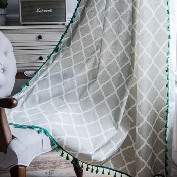 

Curtain finished geometric printing green fringed window kitchen curtain cotton linen semi shading bay window