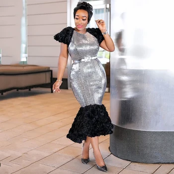 

Slim African Dresses For Women Silver Sequin Maxi Dress Floral Ladies Clothes Robe Africaine Femme European Clothing DCC579