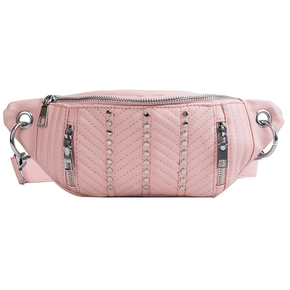 Waist Bag Women Leather Pink White Fanny Pack Female Belt Bag Rivet Chest Phone Pouch Fashion Shoulder Bag Black Waist Packs