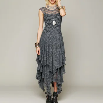 

Women 2020 Summer Backless Sexy Lace Long Dress Elegant Party Fashion Asymmetric Hem Gothic Black Maxi Dresses White Beach Robe