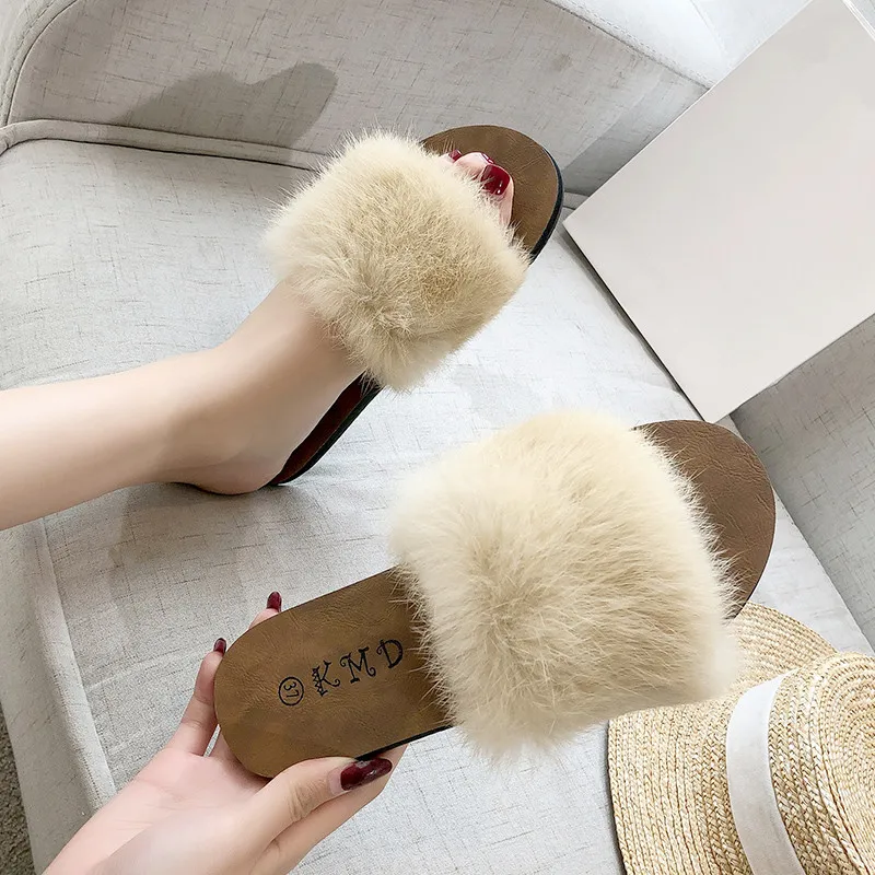 

Butterfly-knot Shoes Woman 2019 Luxury Slides Flat Slippers Pokemon Plush Flock Designer New Fur PU Fashion Rubber Slippers Fur