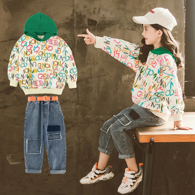 

Girls Spring Clothing 2020 New Style Korean-style chao yang Gas Big Kid Lettered Mixed Colors Hoodie Jeans Set Gl2021c