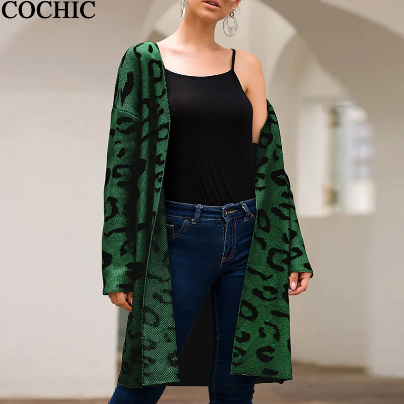 

Long Length Leopard Print Cardigan Sweater Women Autumn Spring Knit Jumper Casual kimono