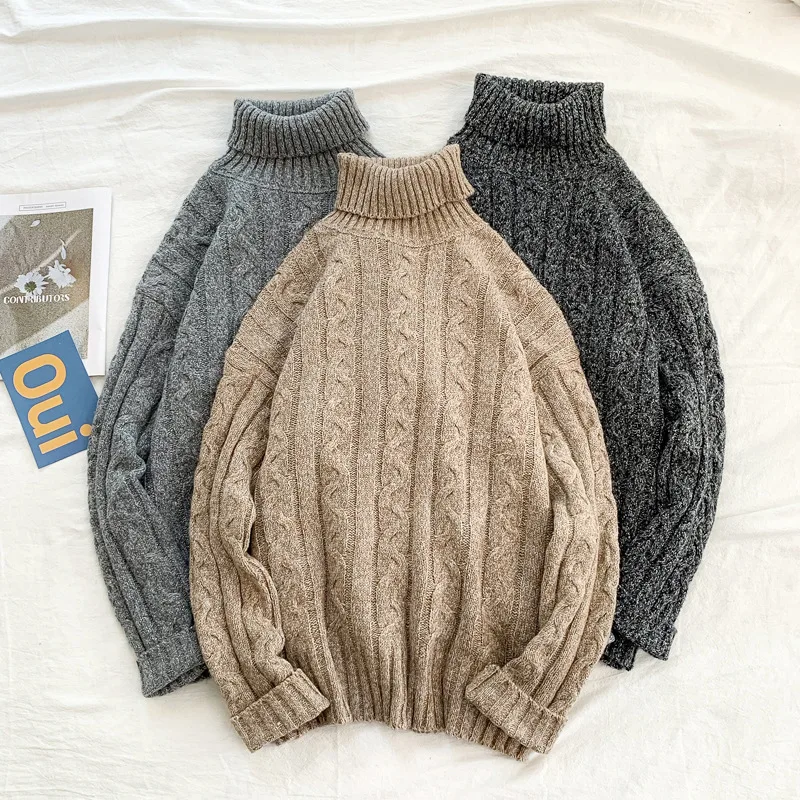 

Chtengiber Autumn Winter Twist Men's Turtleneck Harajuku Sweaters Male Knitted Jumper Solid Korean Pullovers Sweater Pull Homme
