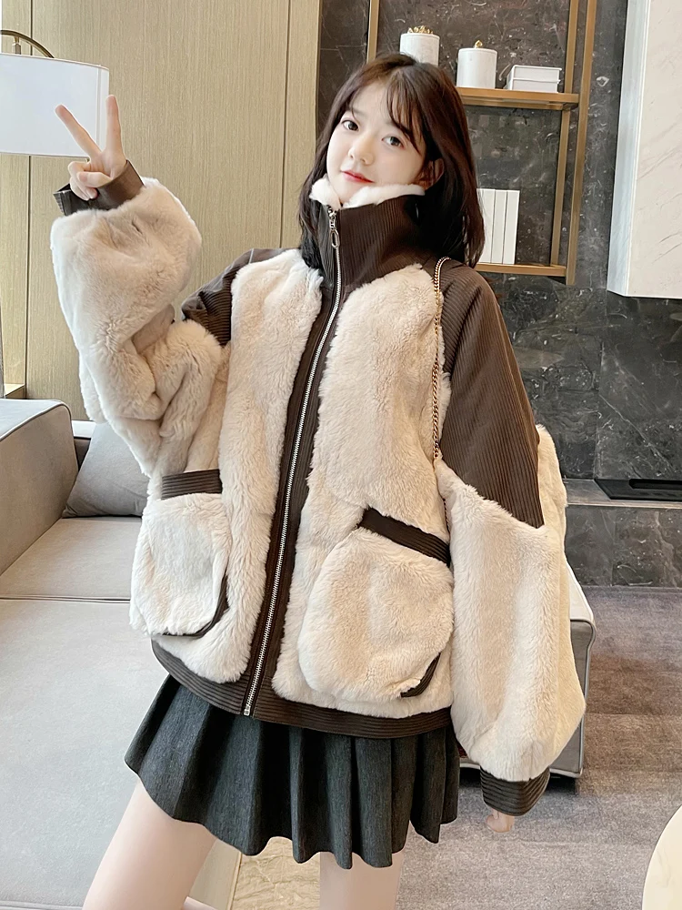 Danceemangoo Korean Fashion Faux Fur Jacket Women Winter High Quality Faux Rabbit Fur Coat Woman Soft Thick Furry Short Jackets, Adult Unisex, Size