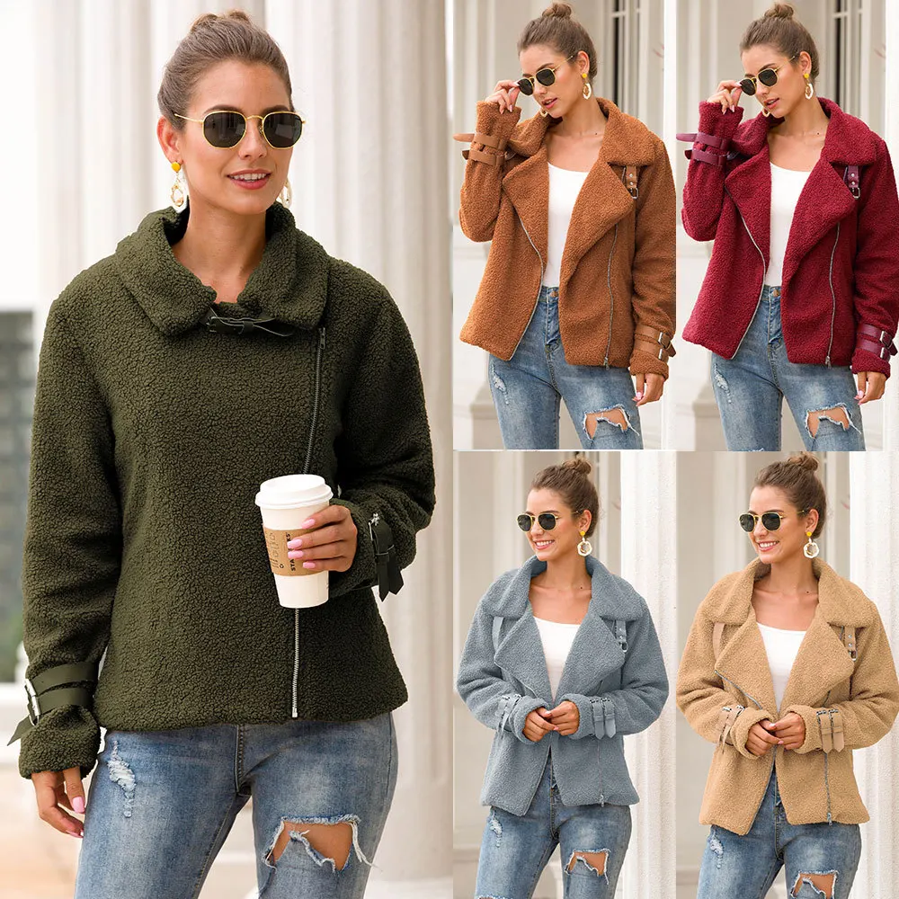 Женские однотонные куртки большого размера из флиса, женские теплые мягкие пальто на молнии с отворотом, Повседневная плюшевая мотоциклетная куртка