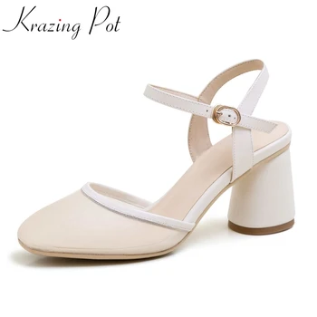 

Krazing pot summer new style cow leather mesh round toe high heels simple beauty lady daily wear dress party sandals women L26