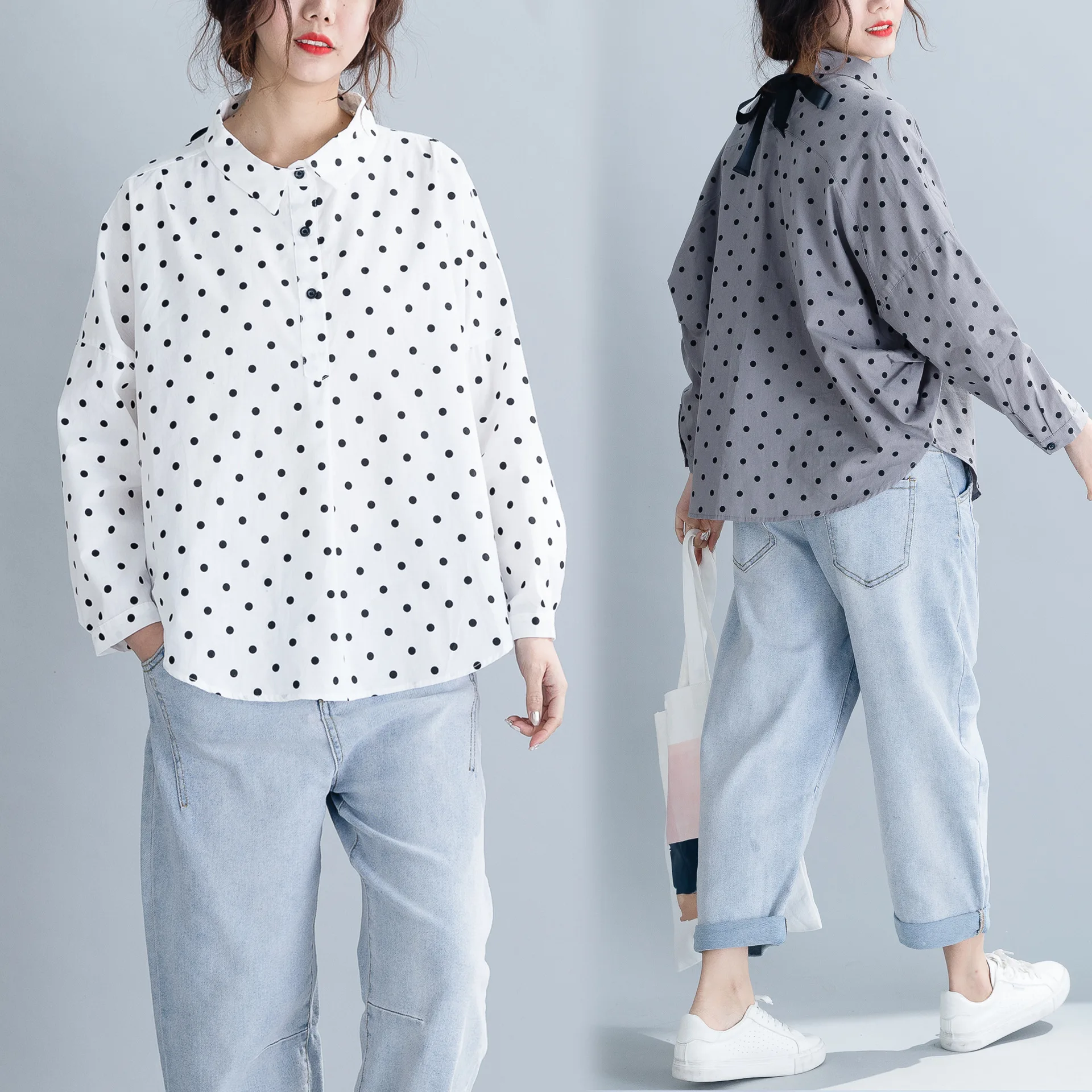 ^*Best Offers 2019 Herfst Kleding Nieuwe Stijl Koreaanse Stijl Literatuur En Kunst Polka Dot Gedrukt Lange Mouwen Fat Mm afslanken Comfortabele