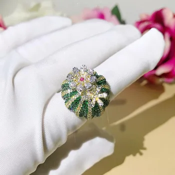 

Dazz Dubai Brand Ring Prickly Pear Design Green Flowers 900 Shiny Zircon For African Women's Unique Luxury Accessories Gift 2019