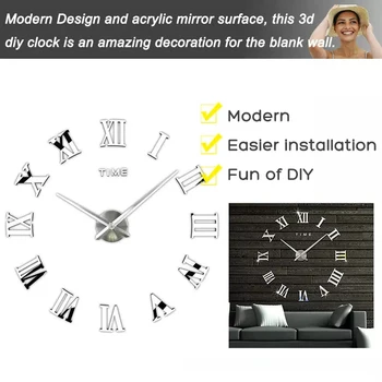 

Large Wall Clock 3D DIY Big Kitchen Clocks Roman Numeral Acrylic Mirror Stickers Oversize Wall Clock for Living Room Home Letter