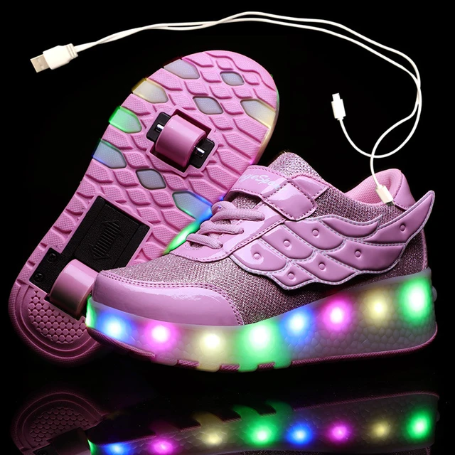 Zapatillas niño y niña con ruedas y luces LED parpadeantes, zapatos infantiles con rueditas e iluminación automática, calzado de deporte con carga USB, deportivas de patinaje _ - Mobile