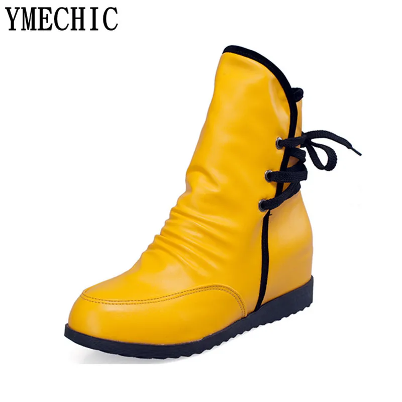 

Ladys Height Increasing Cross Tied Ankle Boots Female Yellow Red White Spring Winter Shoes Woman Short Boot Large Size