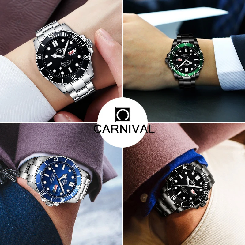 Carnival Top Brand Men Watch Military Sport Automatic Mechanical Watches Luminous Waterproof Stainless Steel Relogio Masculino