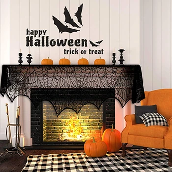 

Bat Spider Web Lace Stove Cloth Halloween Fireplace Cloth Decor For Party Home Fireplace Table Decoration