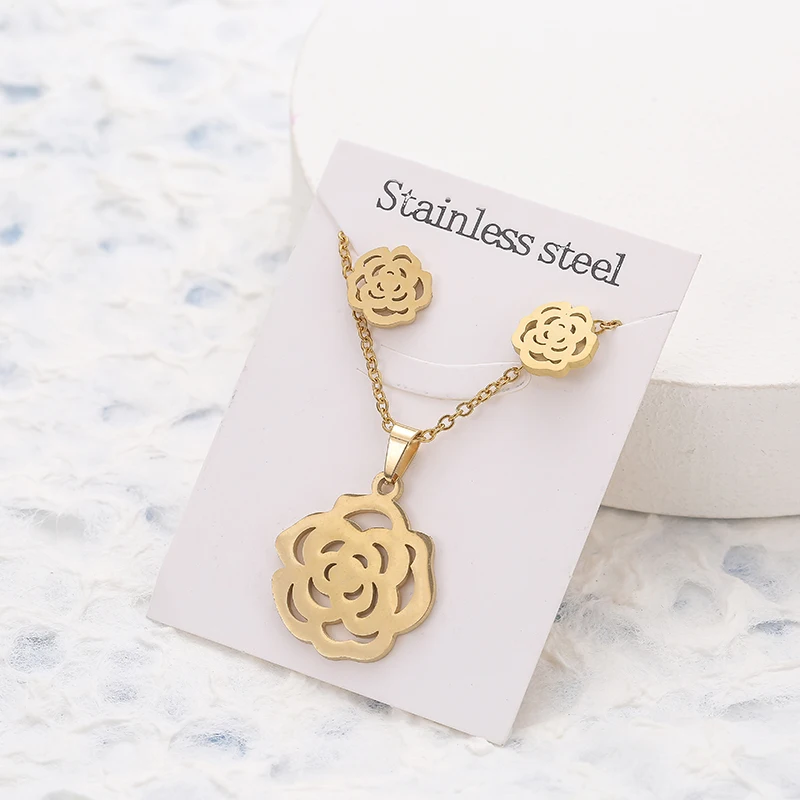 Jewelry Set Animal Flower Butterfly Stainless Steel Pendant Necklace Gold Color Chain Earrings For Women Gifts