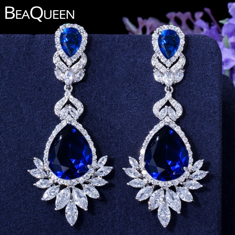 BeaQueen роскошные королевские синие капли воды CZ Кристалл женские свадебные
