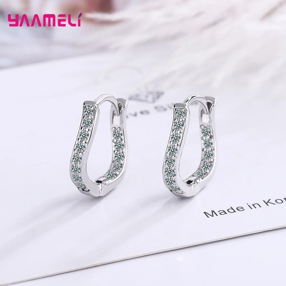 

925 Sterling Silver Waved U Shape Fine Jewelry Earring Simple Crystal Zircon Wedding Engagement Bride Bridesmaid Accessory