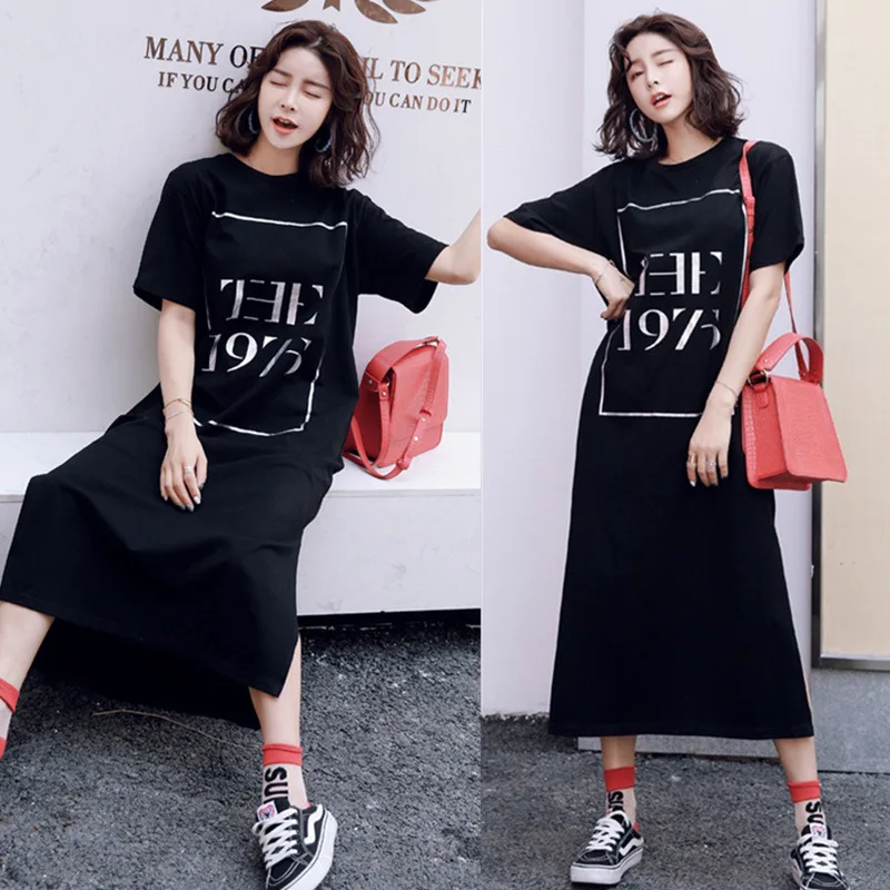 

Summer Short-sleeved Nightgown Women's Black 1975 Lettered Skirt M -Xxl