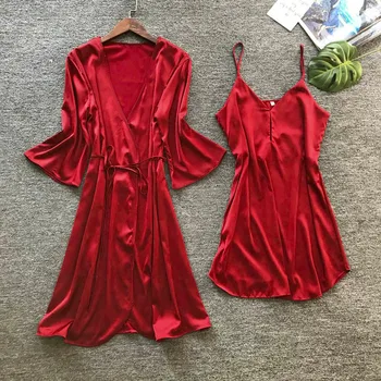 

Pyjamas Women Sleep Wear Pijama Lingerie Women Silk Solid Robe Dress Babydoll Sleepwear Nightdress Pajamas Set пижама женская