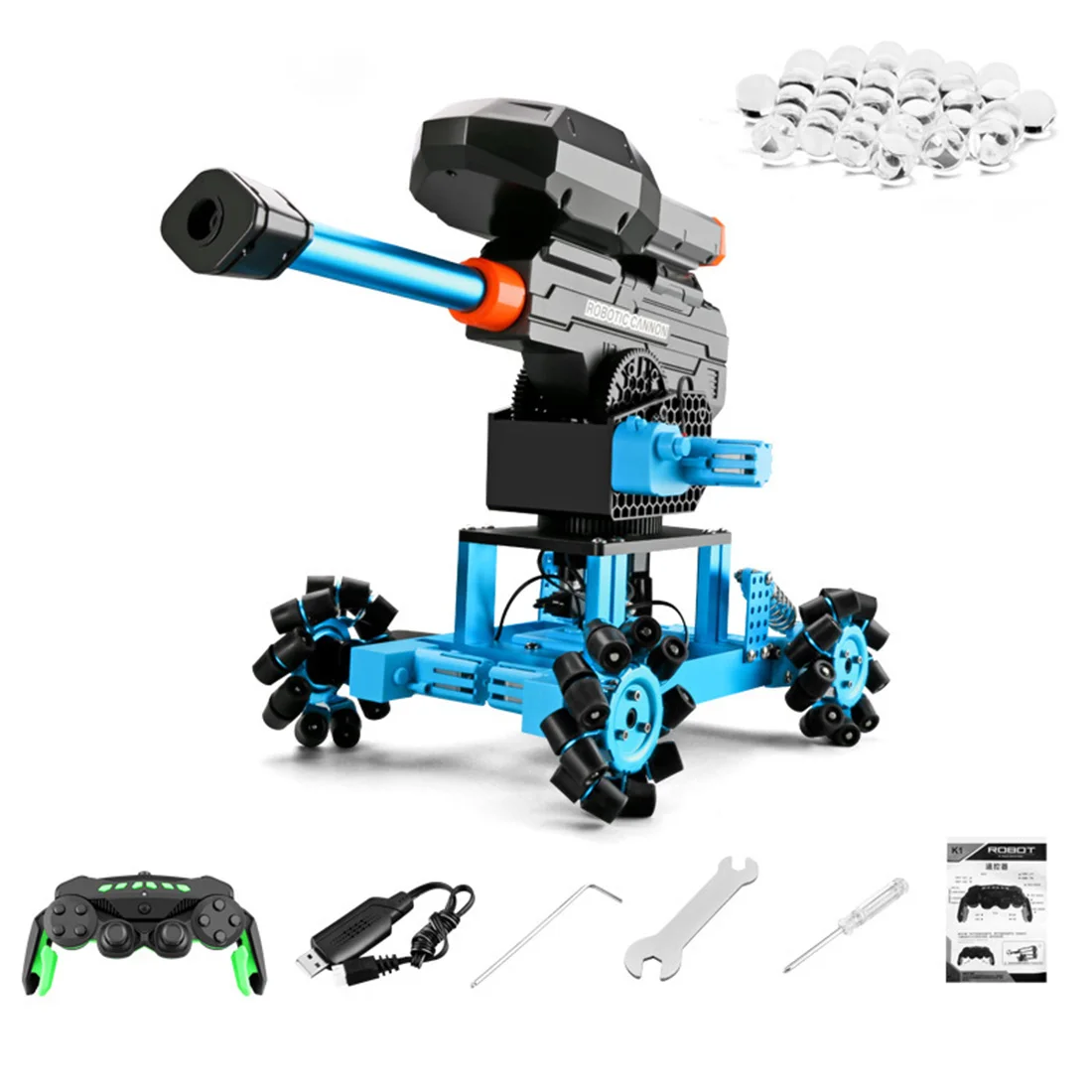 DIY Assembly Mech Remote Control Crawler Alloy Car Walkable Water Gel Bead Robot Blaster with Omni-directional Wheels