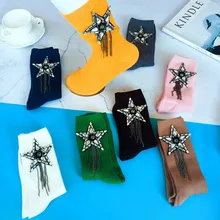 Стразы носки со звездами Модные женские кисточки ручной работы чистый цвет креативные теплые осень зима высокое качество впитывающие пот носки