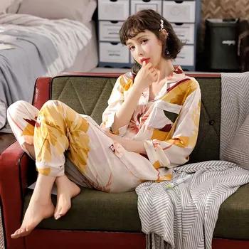 

Korean style Cotton Satin Pajamas Set 2020 Spring And Summer New Floral Printed Sleepwear Turn-down Collar Simple Style Homewear