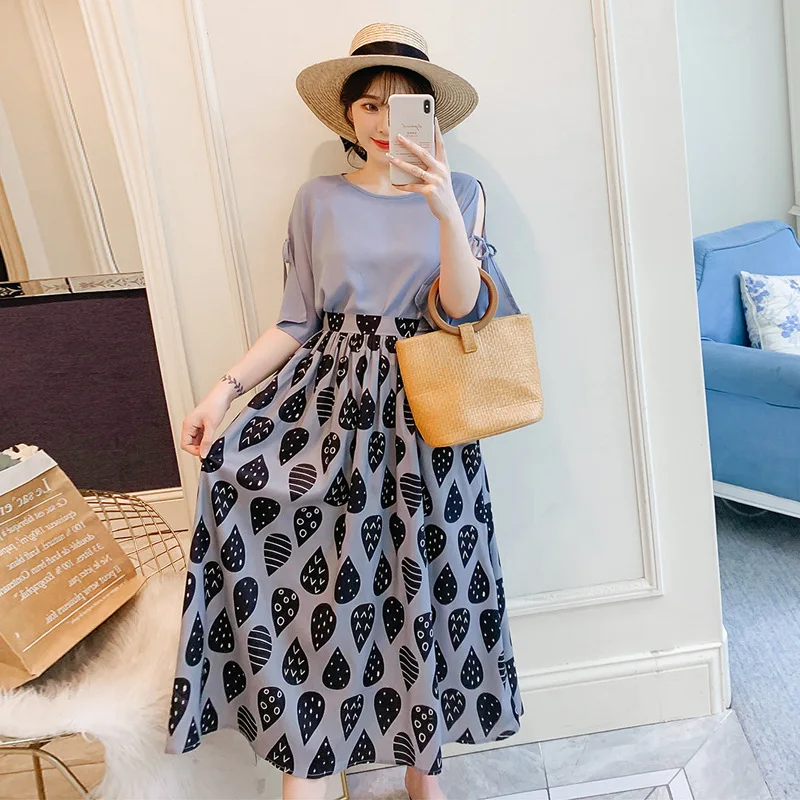 

2019 Summer New Style Large Size Dress Fat Mm Loose-Fit Solid Color Tops Elastic Waist Skirt Two-Piece Set WOMEN'S Suit