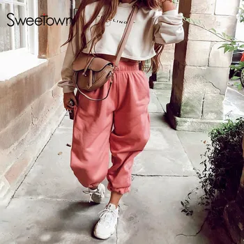 

Sweetown Solid Casual Loose Womens Jogger Sweatpants Street Style Pockets Harem Pants Hip Hop High Waist Streetwear Trousers