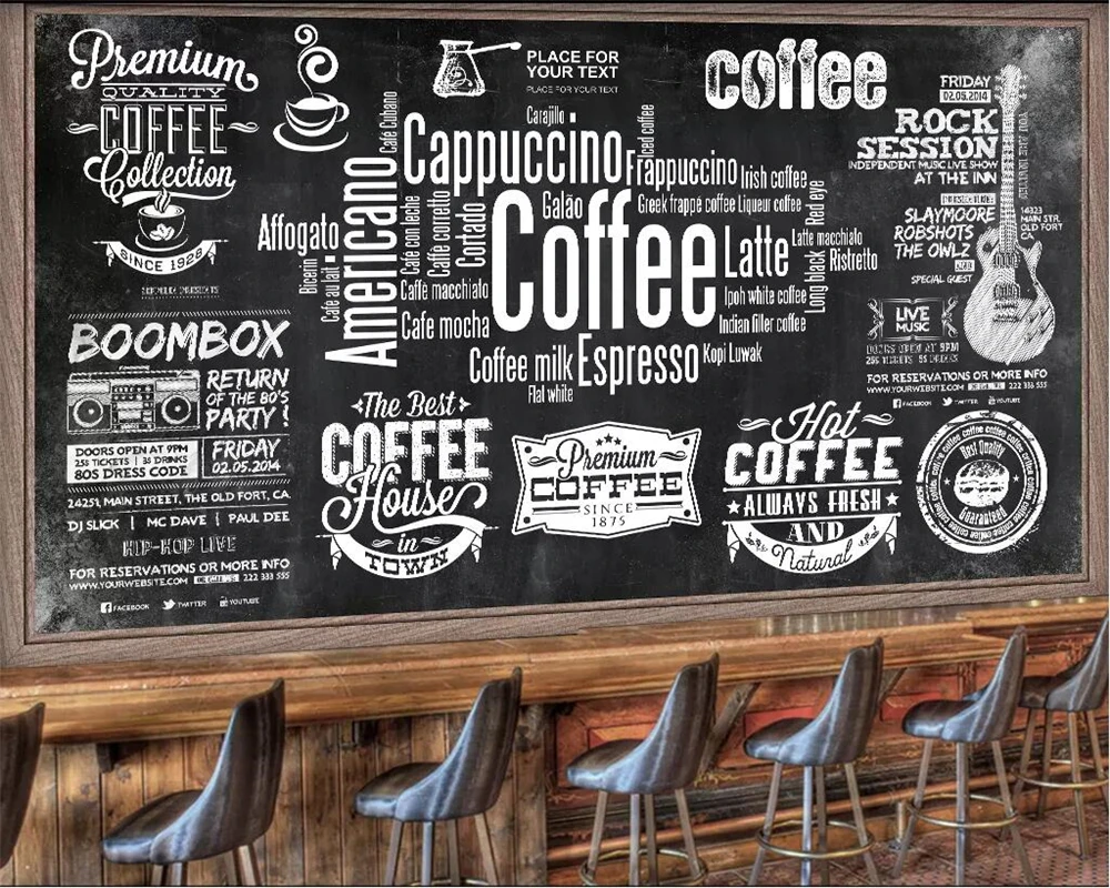 Beibehang-Custom-wallpaper-European-chalkboard-newspaper-cafe-retro-tooling-background-wall-black-white-letters-theme-wallpapers
