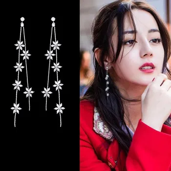 

2019 New Arrival Alloy Trendy Women Dangle Earrings Korean Long Earrings Simple Fashion Zircon Flower Tassel Earrings Jewelry