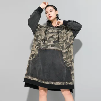 

Streetwear Loose Pullover Female Irregular Free Size Dress With Hat 2020 Spring Cowboy Spelling Camouflage Dress For Women