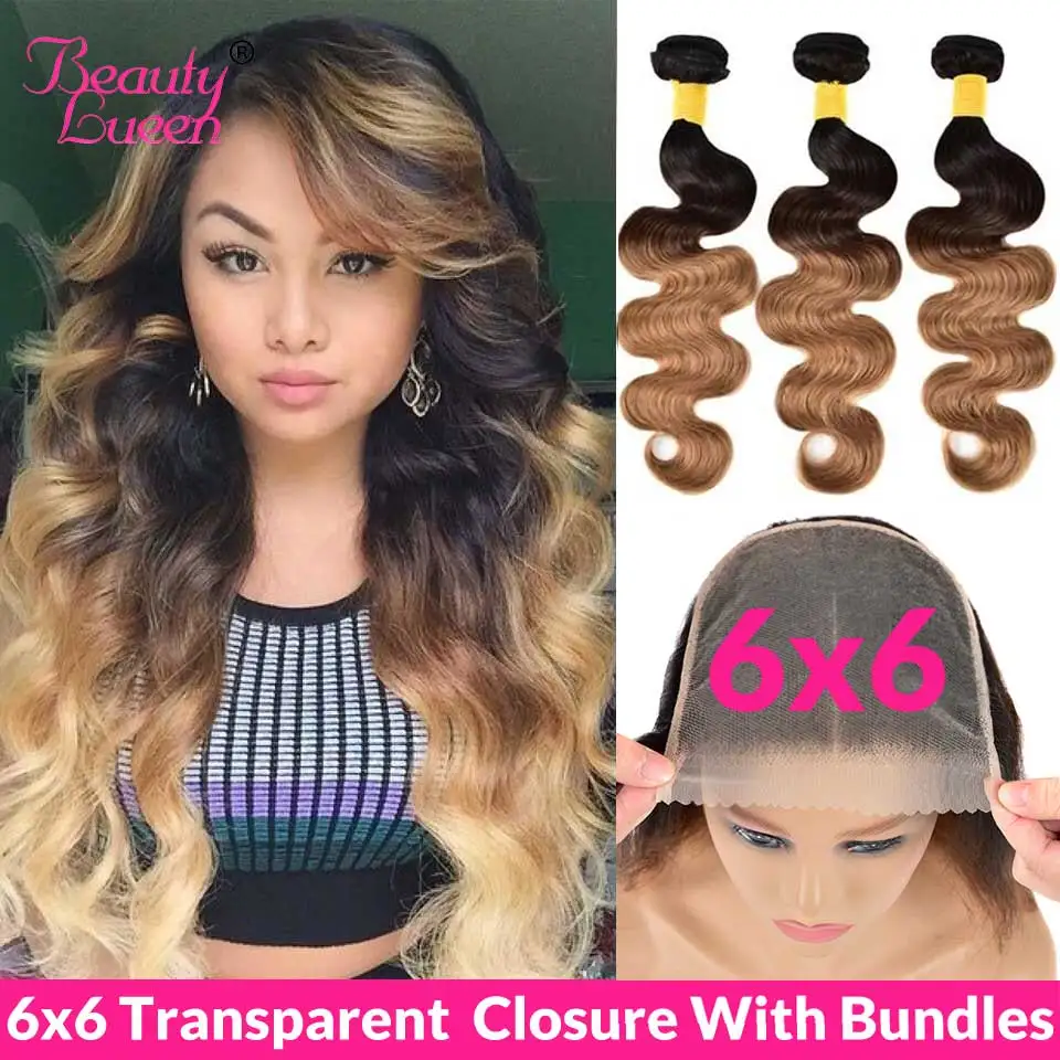 

Ombre Brazilian Hair Bundles With Closure Remy Bodywave 3/4 Bundles With Closure Transparent Hd 6X6 Closure And Bundles