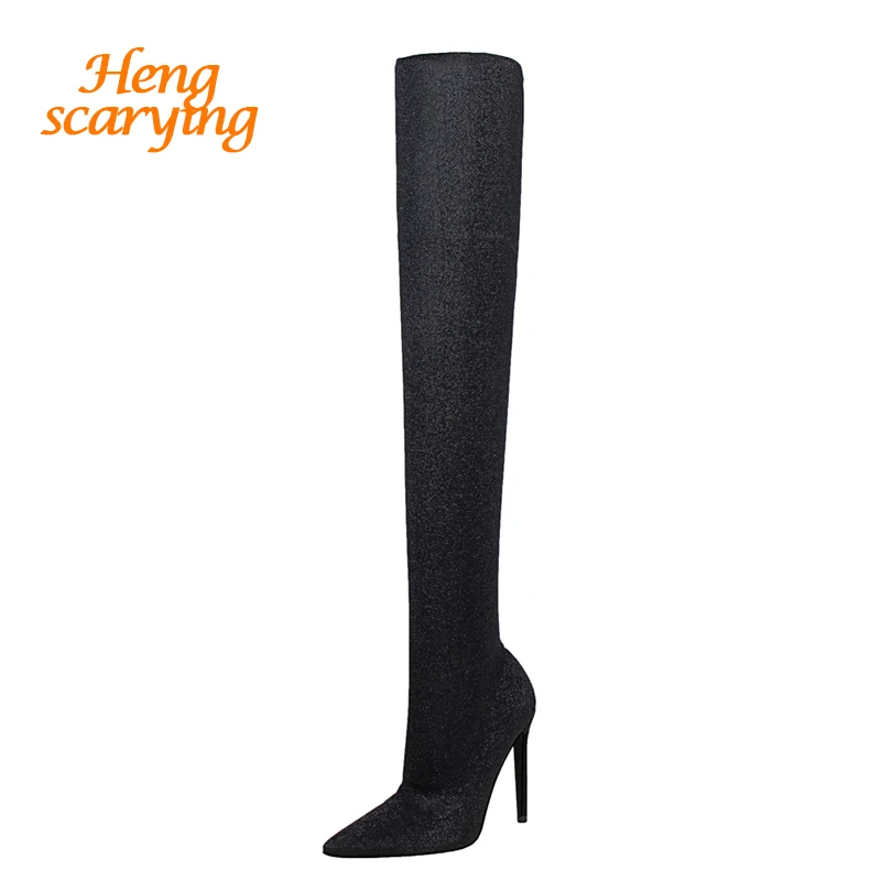 Spring Sexy Women Glitter Over The Knee Boots Winter Bling Thigh Knee High Boots Stiletto Heels Long Sock Boots Party Shoes