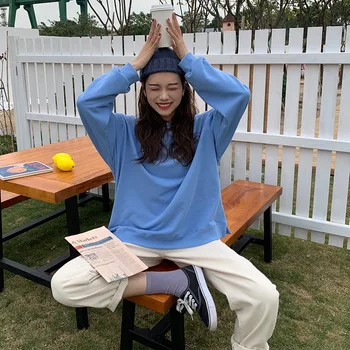 

2019 spring new Korean version of the solid color loose casual casual shoulder sleeve round collar sleeve head guard woman