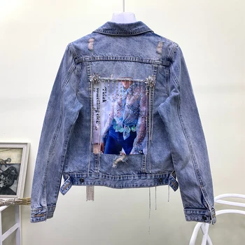 

2020 Spring Autumn New Cowboy Tops Girls Industrial Beads Chain Diamond Holes Harajuku Jeans Coat Women's Jean Jacket Outwear