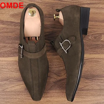

OMDE Pointed Toe Suede Shoes Slip On Buckles Formal Shoes Men Dress Shoes Handmade Leather Loafers Oxfords Man Office Shoes