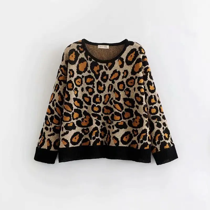 

Women Leopard Knitting Sweater Loose Tops 2019 Autumn Leisure Long Sleeves Pullovers SW622