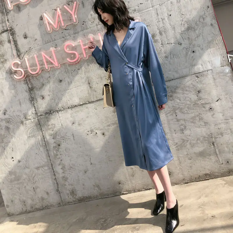 

2019 Spring Summer Shirt Dress New Lapel Long Sleeve Midi Dress Medium Retro Waist Button High Waist Satin Dress 3 Ways To Wear
