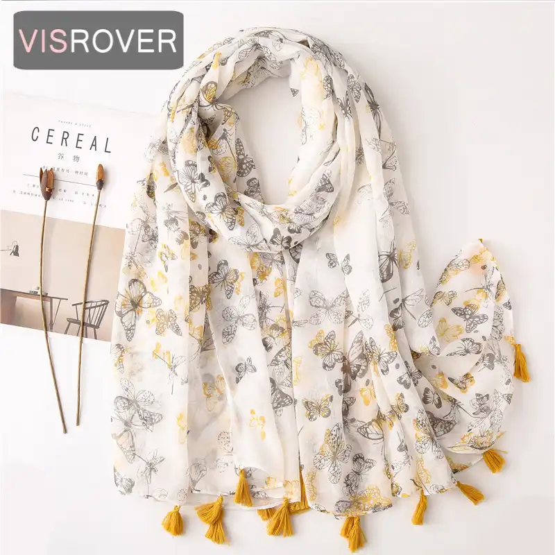 Visrover 2020 New Butterfly Printing Viscose Summer Scarf With Tassel Fashion Beach Wraps Spring Shawls Hijab Gift Wholesales Aliexpress